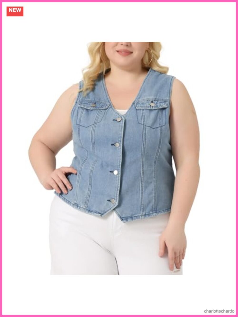 Plus Size Denim Vest V Neck Sleeveless Button Utility Jean Jacket
